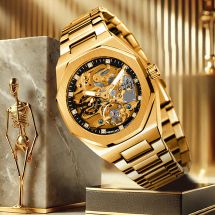 1pc Men'S Yellow & Black Steel Streetwear Rascal Handsome Polygon Automatic Tourbillon