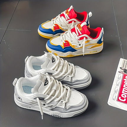 Men's Colorblock Cute Skate Sneakers with Thick PVC Sole & Cushioning - Lightweight Low-Top Lace-Up Sport Shoes