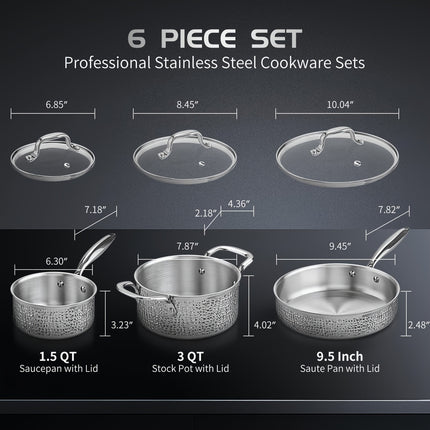 6pcs Hammered Cookware Set, Stainless Steel Pots And Pans Set With Tempered Glass Lids,