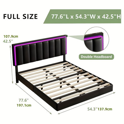 Floating Bed Frame with RGB LED Lights | Upholstered Headboard, Solid Wood Slats Support, No Box Spring Needed,