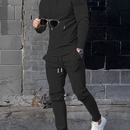 Men's Casual Sportswear Set - Hooded Long Sleeve Top & Joggers with Drawstring, Polyester Blend, Perfect for Spring/Fall Outdoor Activities