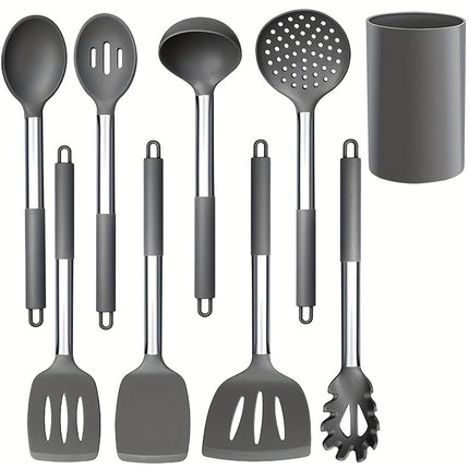 9pcs Silicone Kitchen Set with a Holder, Non-Stick Cookware Featuring Stainless Steel Handles,