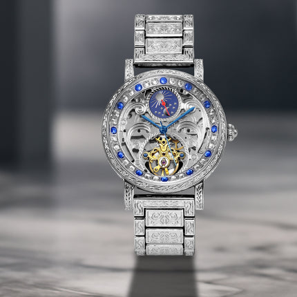 Men's Silvery Blue Steel Strip Fashion Style Versatile Sun Moon Precision Carving Fully Automatic