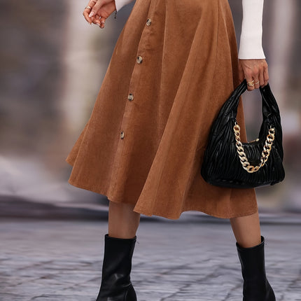 Elegant Solid Color Button-Front Flared Skirt for Women - High Waist, Machine Washable