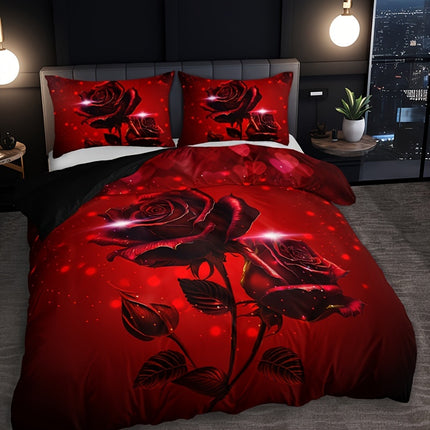 3pcs Red Rose Print Duvet Cover Set - Includes 1 Duvet Cover & 2 Pillowcases, Breathable Polyester, Machine Washable - Perfect for All Seasons