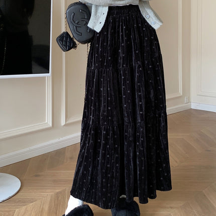 Women'S Elegant Heart Pattern Velvet Skirt - High-Waisted A-Line Long Skirt with Ruffled Hem