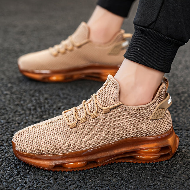 Men's Breathable Knit Sneakers - Fashionable Lace-Up Running Shoes with Air Cushion, Non-Slip PVC Sole, Casual, Fabric