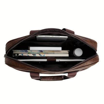 Men'S Vintage Multi-Zip Business Briefcase, 14-Inch Laptop Bag, Shoulder And Hand-Held Bag