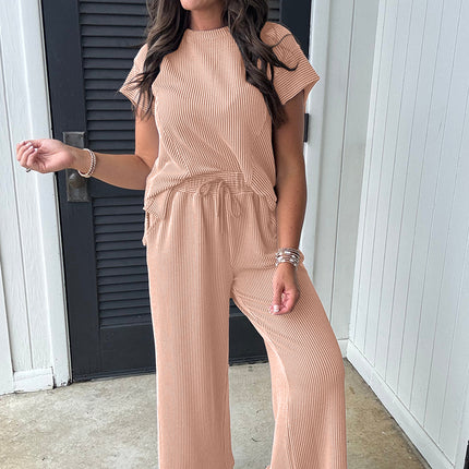 Smoke Gray Solid Corded Knit Short Sleeve T Shirt and Wide Leg Pants Set