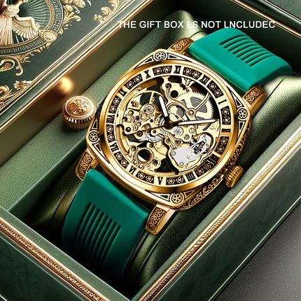 1pc Men'S Green Tape Gorgeous Retro Fully Automatic Hollow Mechanical Watch, Without Battery