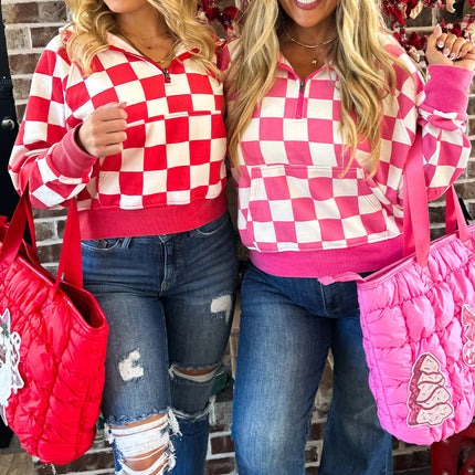 Red Checkered Print Half Zip Hoodie Loose Pant Set