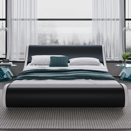 Bed Frame with Adjustable Headboard - Deluxe Faux Leather Upholstered Bed, Solid Wood