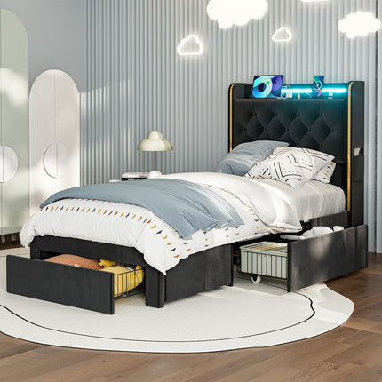 49.2" Tall Bed Frames with 4 Drawers, Velvet Platform Bed with Wingback Storage Headboard,
