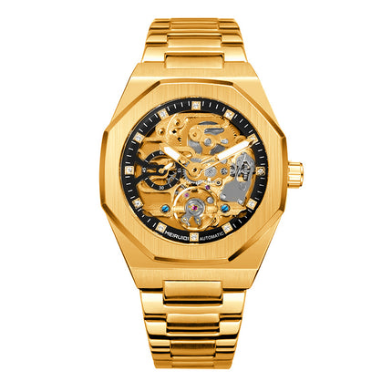 1pc Men'S Yellow & Black Steel Streetwear Rascal Handsome Polygon Automatic Tourbillon
