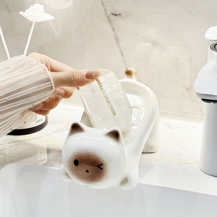 A Charming Ceramic Cat Soap Dish That Features Drainage Without The Need for Drilling