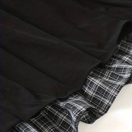 A Thick Patchwork Midi Skirt with a Pocket, Featuring a Corduroy Checkered Design And a Tie