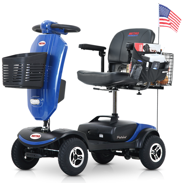 Outdoor compact mobility scooter with windshield ,300W Motor, Travel - Long Range Power Extended Battery with Cup holders , Storage Bag, Rear Basket & USB charger port, BLUE