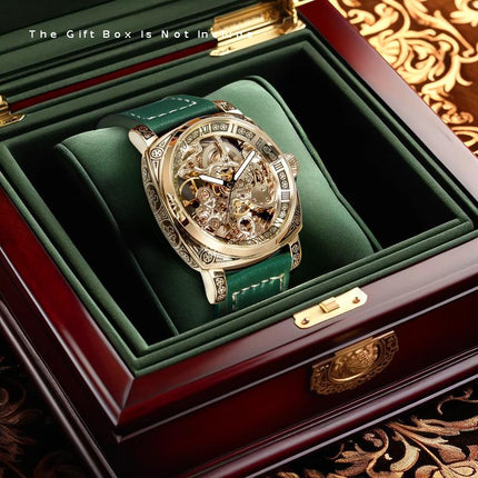1pc Men'S Luxury Mechanical Watch with Green PU Strap - Automatic Winding Movement