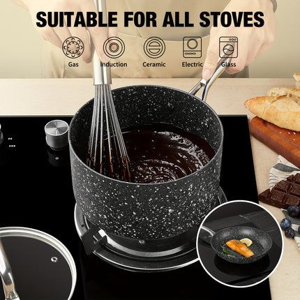 Quart Kitchen Nonstick Saucepan Set with Lid - Sauce Pan Set with Black Granite Coating