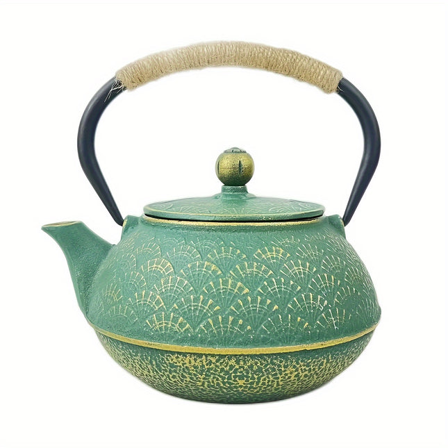 Green & Golden Fan Pattern - Cast Iron Enamel Teapot - Stainless Steel Infuser With Removable Filter
