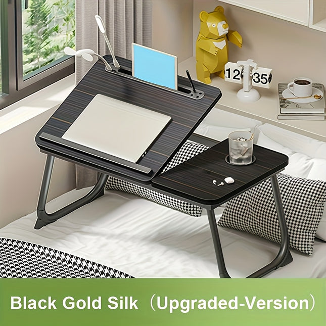 Foldable Computer Bed Table with Cup Holder, Card Slot & Storage Drawer