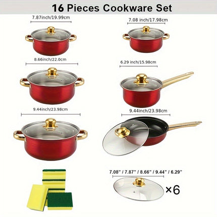 16pcs Stainless Steel Pots And Pans Set, Kitchen Cooking