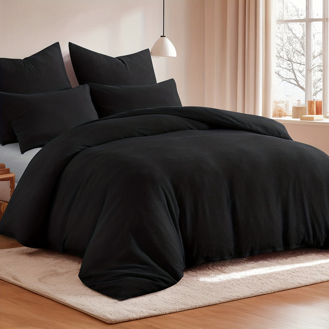 1 Set Seersucker Bed Set - King Size Duvet Cover & 2 Pillowcases (Queen Compatible)