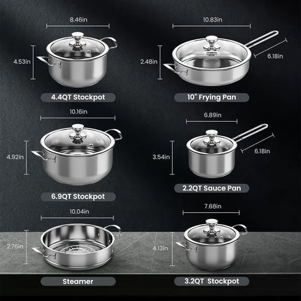 Stainless Steel Pots And Pans Set, 11-piece Induction Cookware Set With Steamer,