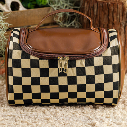 Black Checkered PU Leather Zipper Makeup Bag