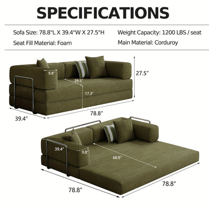 Sofa Bed | Convertible Floor Boneless Couch with Comfy Pillow, Modular Modern Corduroy Sofa