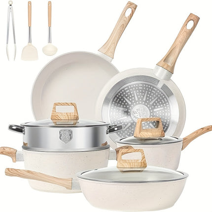 Pots and Pans Set Non Stick, 12pcs Kitchen Cookware Sets Induction Cookware Granite Cooking Set with Frying Pans, Saucepans, Steamer Silicone Shovel Spoon & Tongs