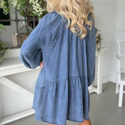 Myosotis Puff Sleeve V Neck Ruffled Loose Denim Mini Dress