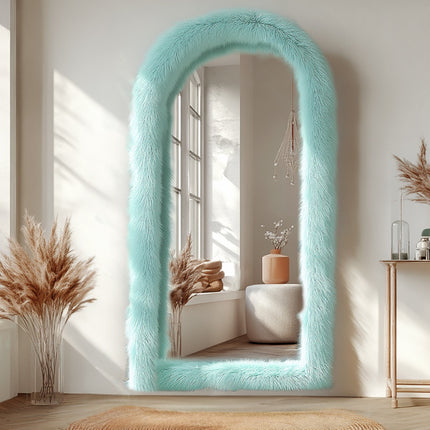 24" x 65" Arched Full-Length Mirror with Chic Blue Faux Fur Frame - Expansive Reflections, Glass Surface,