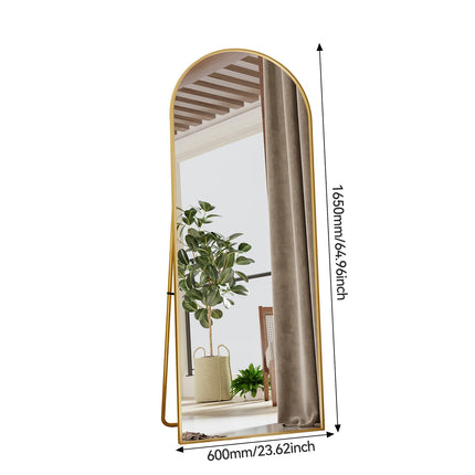 165x60cm Full Length Mirror, Curved Standing Mirror with Hooks, Floor Mirror with Tempered Glass and Aluminum Alloy Frame, Gold