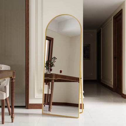 165x60cm Full Length Mirror, Curved Standing Mirror with Hooks, Floor Mirror with Tempered Glass and Aluminum Alloy Frame, Gold