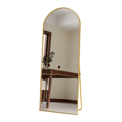 165x60cm Full Length Mirror, Curved Standing Mirror with Hooks, Floor Mirror with Tempered Glass and Aluminum Alloy Frame, Gold