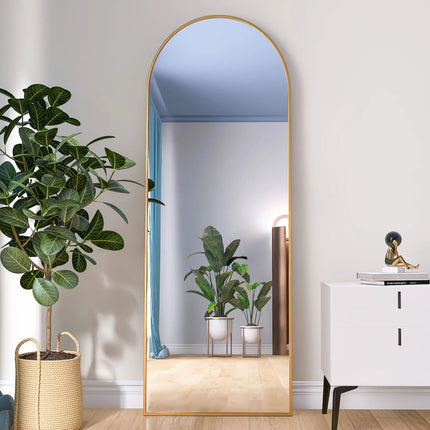 165x60cm Full Length Mirror, Curved Standing Mirror with Hooks, Floor Mirror with Tempered Glass and Aluminum Alloy Frame, Gold