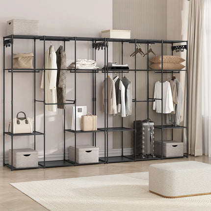 WOLTU Black Standing Wardrobe Clothes Rack Dressing Open Storage Cabinet with Storage Shelves Hanging Bars Hooks for Bedroom