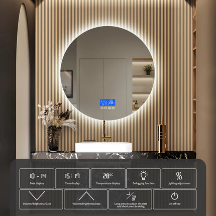 80×80cm LED Round Mirror with 3 Light Colours Adjustable, with Touch Switch, with Anti-Fog and Temperature Display Function