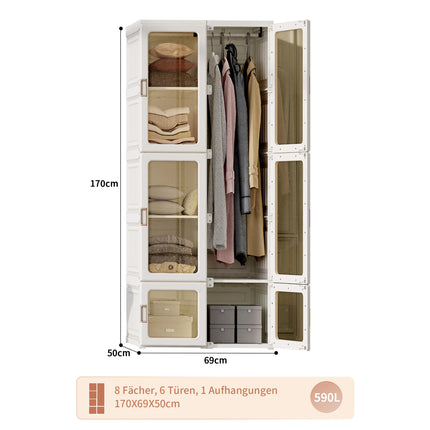 Anajqaqia 69x50x170cm Foldable Closet Wardrobe with 6 Cubes and 1 Hanging Rail, Multi-Purpose Cabinet with Magnetic Doors, PP