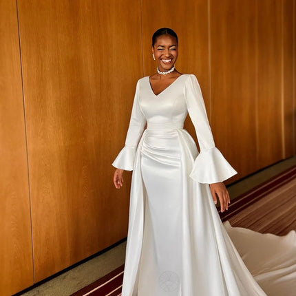 SoDigne Exquisite Muslim Wedding Dresses V Neck Bride Dresses Long Sleeves Satin Wedding Gown vestidos de novia Customized