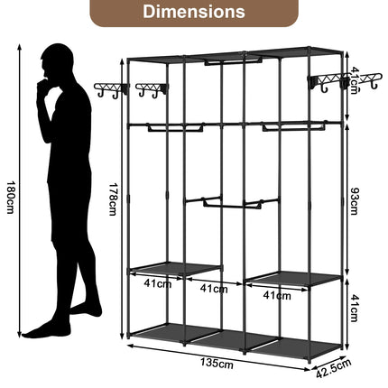WOLTU Black Standing Wardrobe Clothes Rack Dressing Open Storage Cabinet with Storage Shelves Hanging Bars Hooks for Bedroom