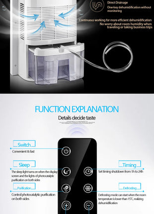 Dehumidifier and Air Purifier 2 in 1 Moisture Absorber Household Mute Bedroom Basement Remote Control Timing External Water Pipe