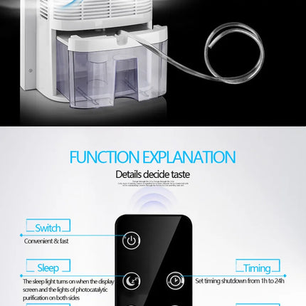Dehumidifier and Air Purifier 2 in 1 Moisture Absorber Household Mute Bedroom Basement Remote Control Timing External Water Pipe