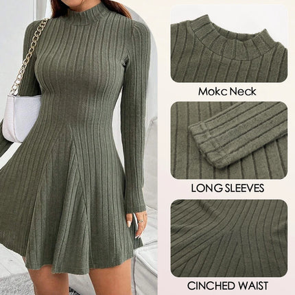 Mia Muse Women's Dresses Fall Winter Simple Solid Color Long Sleeve Mock Neck A Line High Waisted Flare Hem Casual Short Dresses