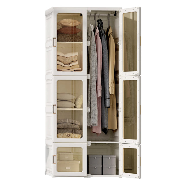 Anajqaqia 69x50x170cm Foldable Closet Wardrobe with 6 Cubes and 1 Hanging Rail, Multi-Purpose Cabinet with Magnetic Doors, PP