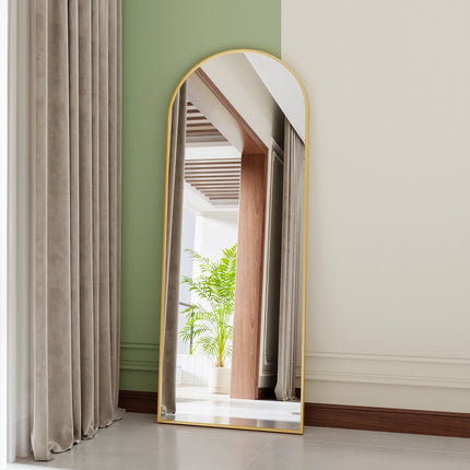 165x60cm Full Length Mirror, Curved Standing Mirror with Hooks, Floor Mirror with Tempered Glass and Aluminum Alloy Frame, Gold