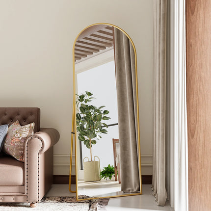165x60cm Full Length Mirror, Curved Standing Mirror with Hooks, Floor Mirror with Tempered Glass and Aluminum Alloy Frame, Gold