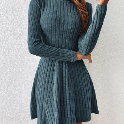 Mia Muse Women's Dresses Fall Winter Simple Solid Color Long Sleeve Mock Neck A Line High Waisted Flare Hem Casual Short Dresses