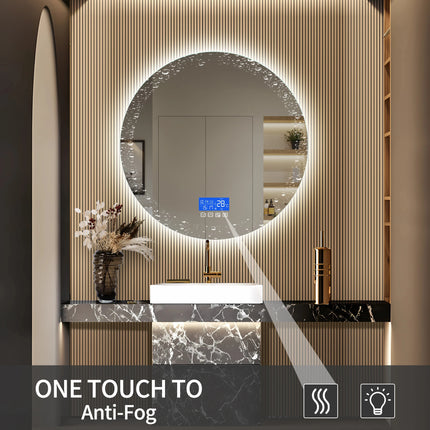 80×80cm LED Round Mirror with 3 Light Colours Adjustable, with Touch Switch, with Anti-Fog and Temperature Display Function